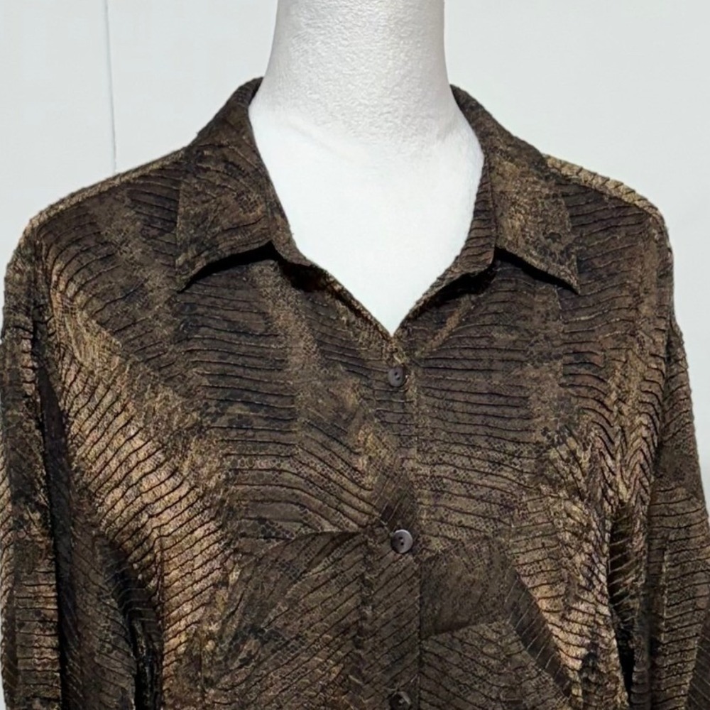 Chicos Top Women Large 2 Brown Metallic Animal Print Textured Long Sleeve